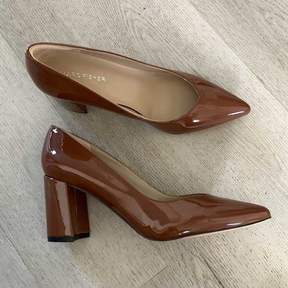 Marc Fisher Patent Slip‎ On Caitlin Dress Pumps Block Heel Sexy Pointed Toe sz 7 - Picture 1 of 11